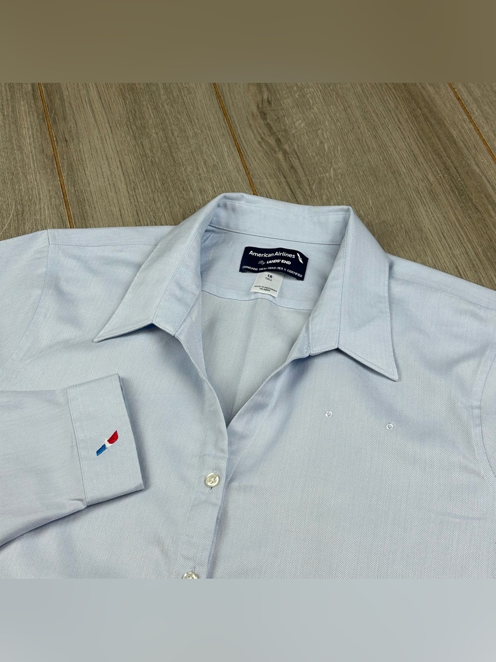 Lands End X American Airlines Shirt Womens 18 Tall Button Up Herringbone Blue
